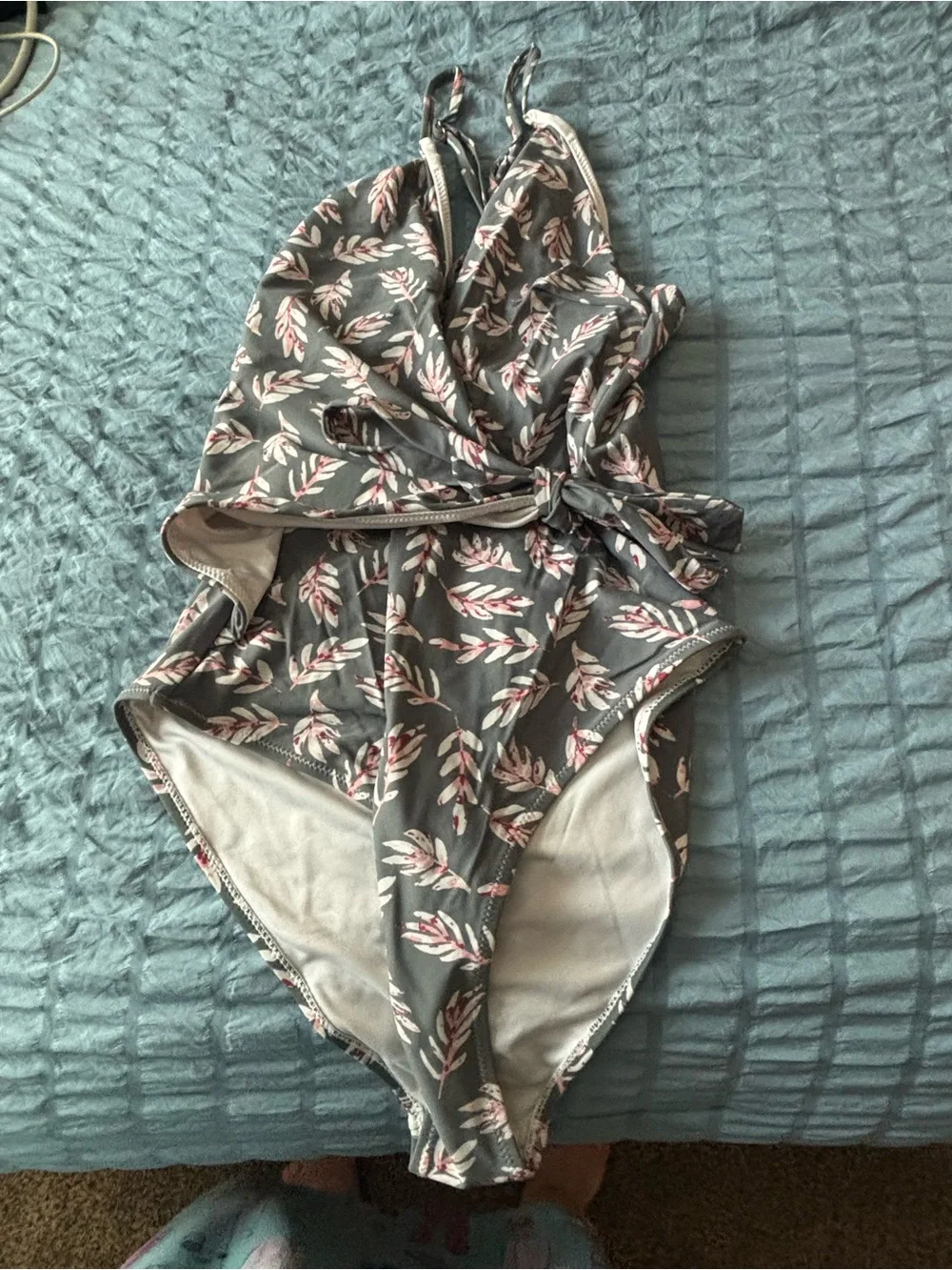 Gray-green One-Piece Swimsuit with Pink Leaf Print